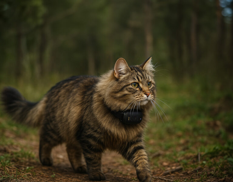 Cat in the forest wearing the MiniFinder Atto GPS tracker