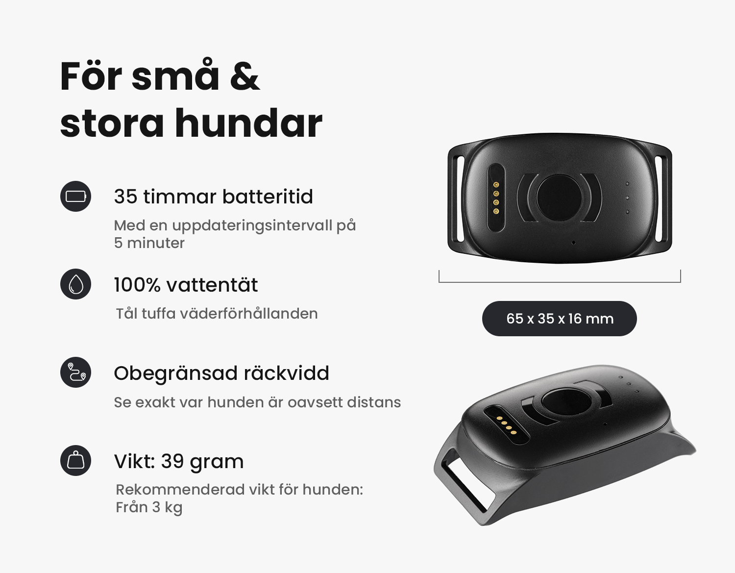 Atto Pro GPS-enheten tillsammans med en lista över dess specifikationer.