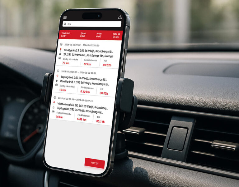 Digital driving log in the MiniFinder app showing detailed trip routes, distances, and times.