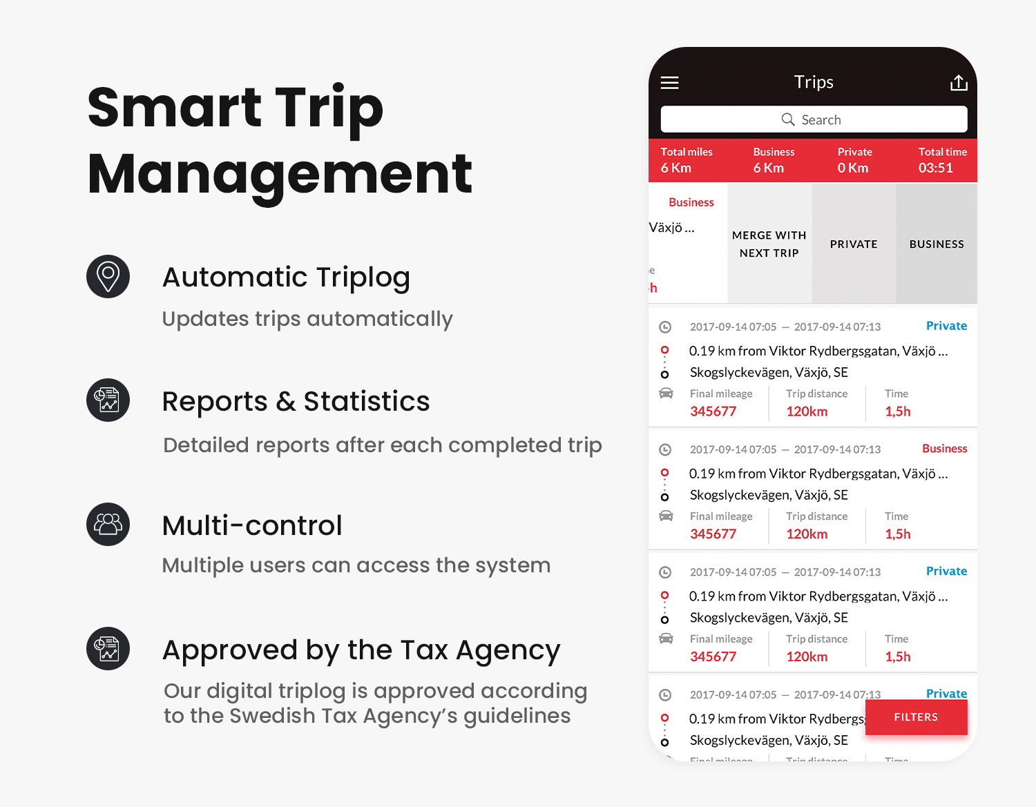 Digital driving log showing routes and trips recorded by MiniFinder Zepto.