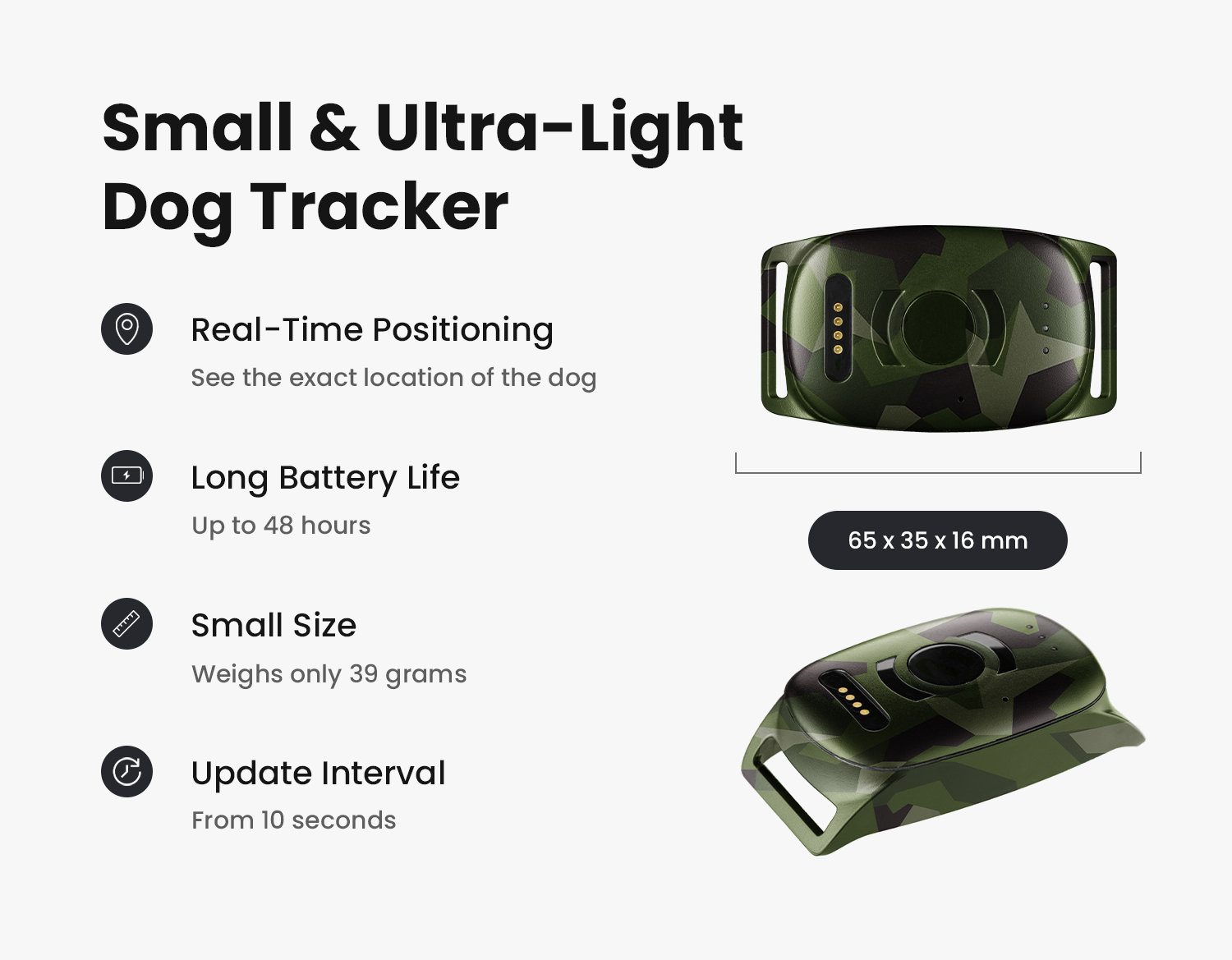 MiniFinder Vexo GPS tracker for hunting dogs with detailed specifications displayed