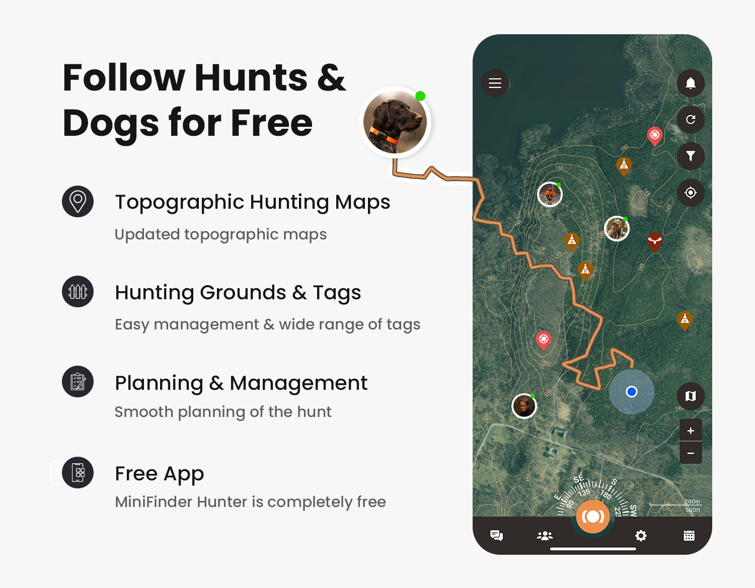 MiniFinder Hunter app displaying real-time tracking of hunting dogs with Vexo device