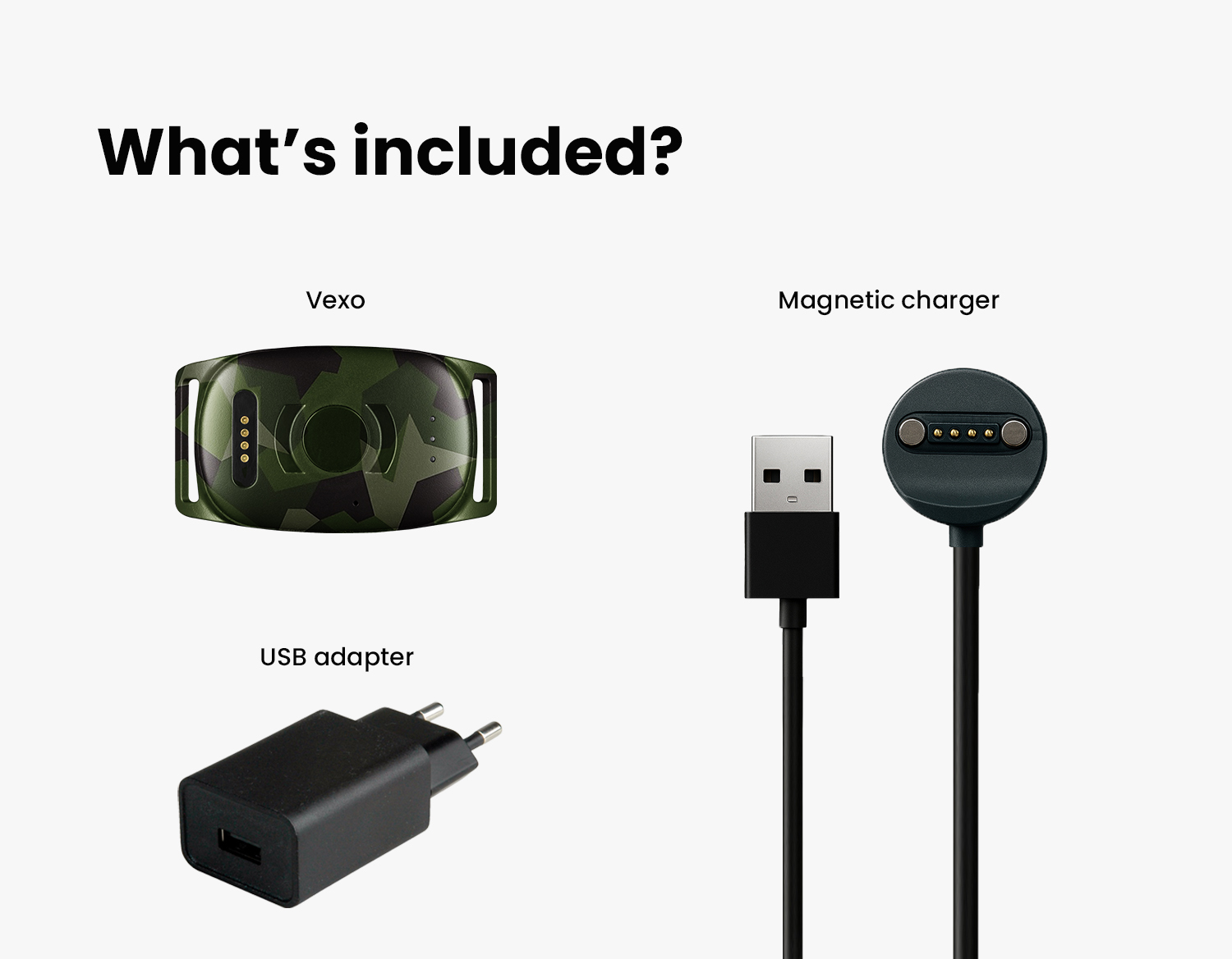 Image of Vexo with USB adapter and magnetic charger