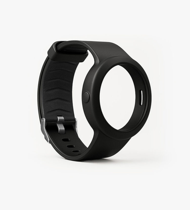 MiniFinder Nano soft silicone wristband shown on white background, designed for secure and comfortable everyday wear.