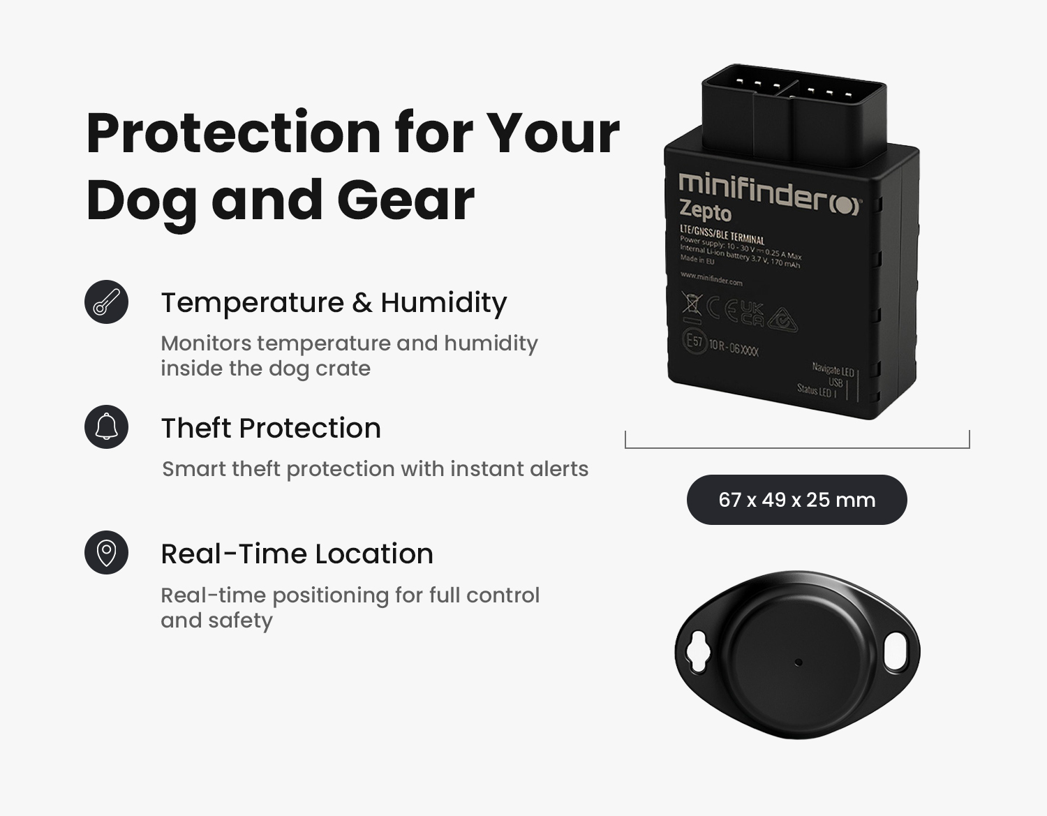 Zenso GPS tracker with highlighted technical specifications.