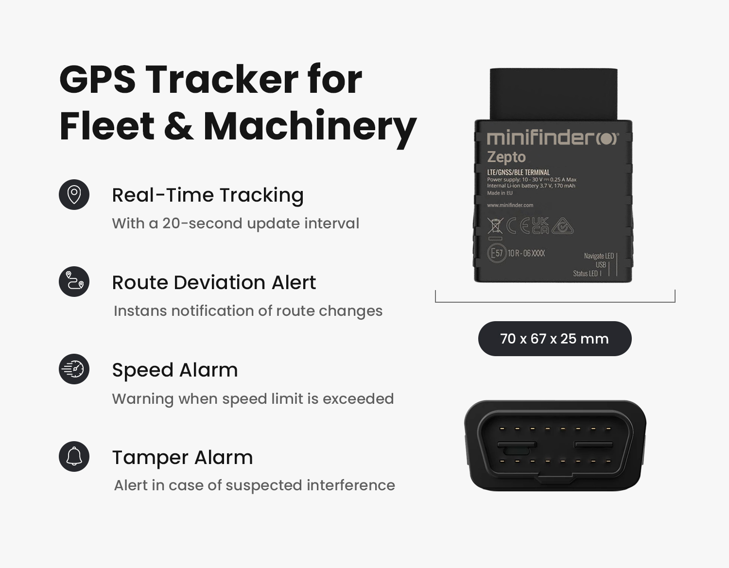 Technical specifications of MiniFinder Zepto GPS tracker displayed clearly.