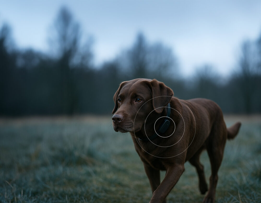 Ein Hund läuft draußen und trägt den Atto Pro GPS-Tracker am Halsband.