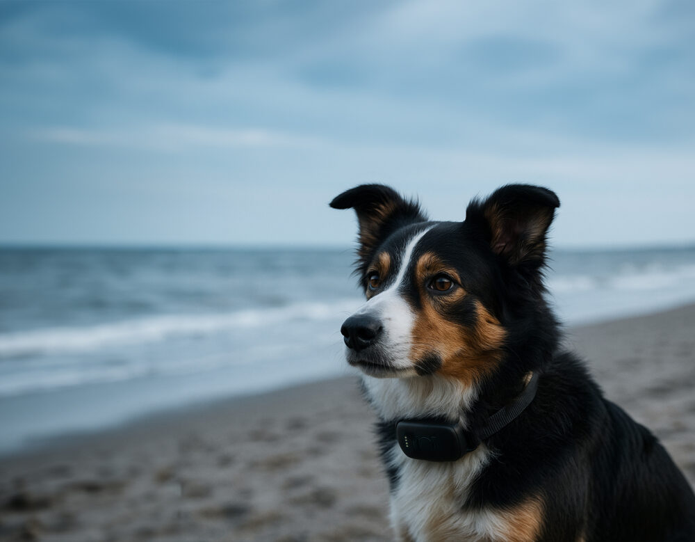 Ein Hund am Strand trägt den Atto Pro GPS-Tracker.