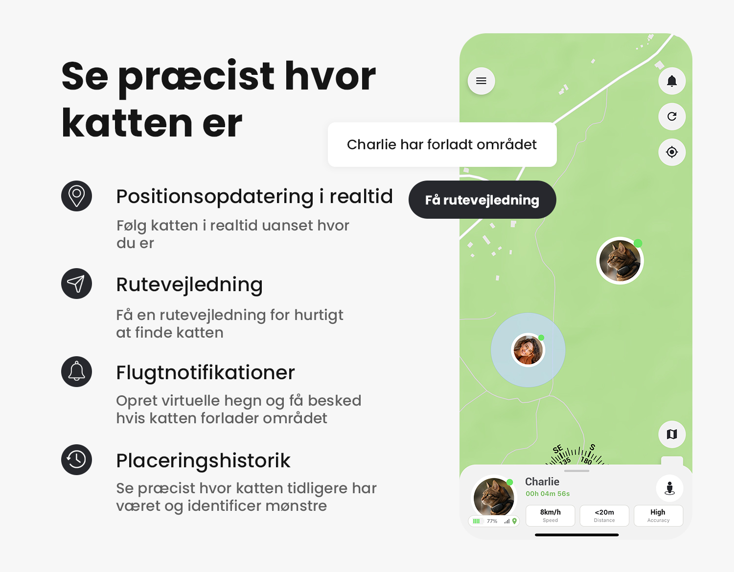 MiniFinder Live app, der viser kattens position i realtid samt funktioner og specifikationer.