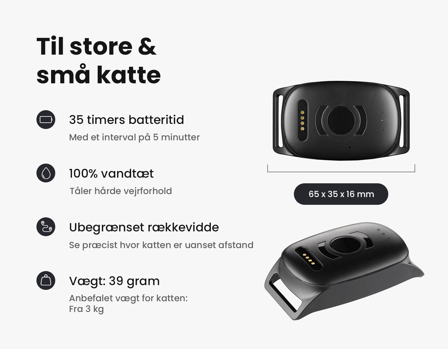 MiniFinder Atto med viste funktioner og sikkerhedsalarmer.