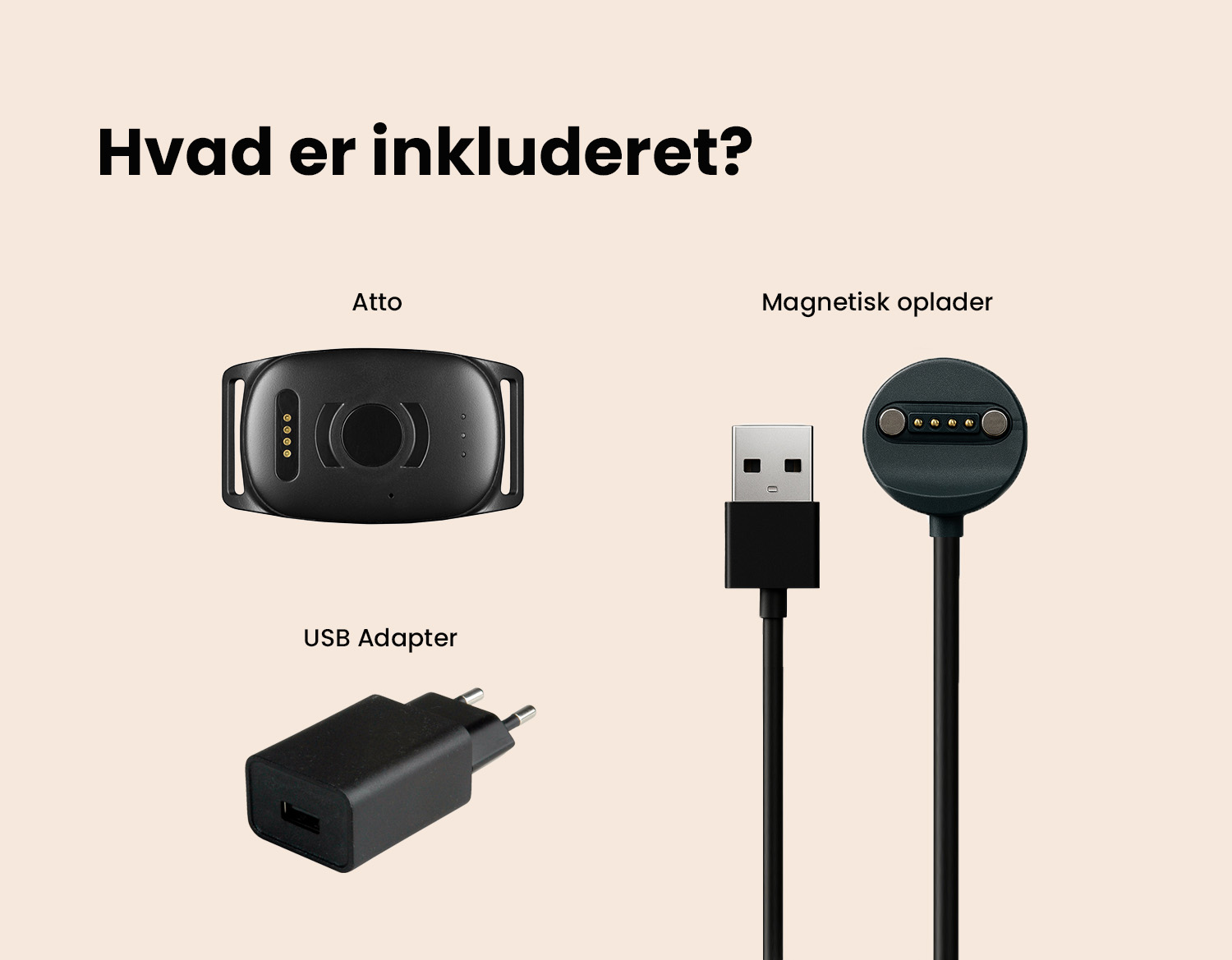 Indholdet af MiniFinder pakken med enhed, oplader og tilbehør.