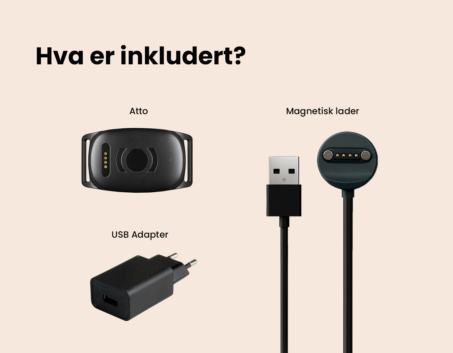 Innholdet i MiniFinder pakken med enhet, lader og tilbehør.