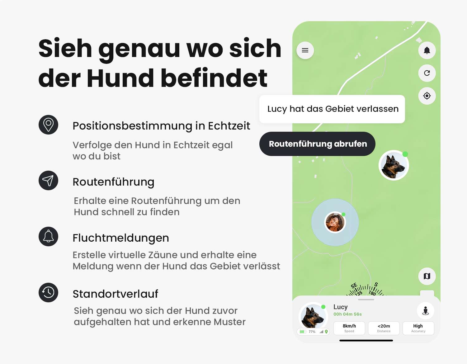 Das MiniFinder Live-System zeigt die Echtzeitposition eines Hundes auf der Karte.
