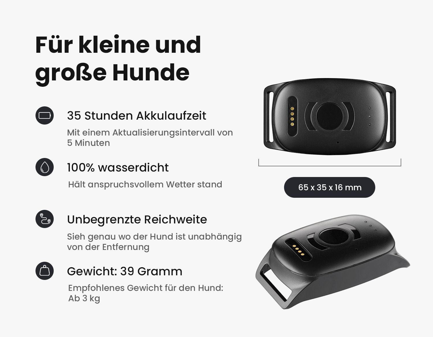 Der Atto Pro GPS-Tracker zusammen mit einer Übersicht seiner technischen Daten.