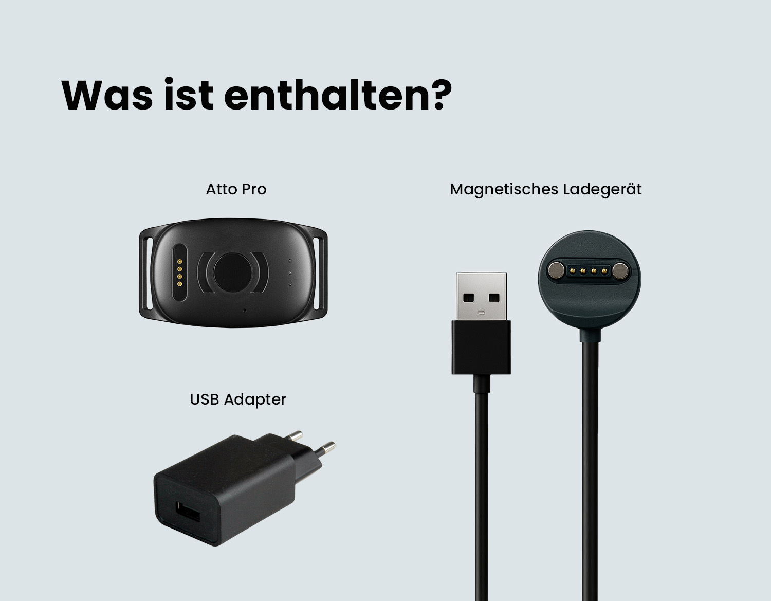 Der Atto Pro GPS-Tracker mit magnetischem Ladegerät und USB-Adapter im Lieferumfang.