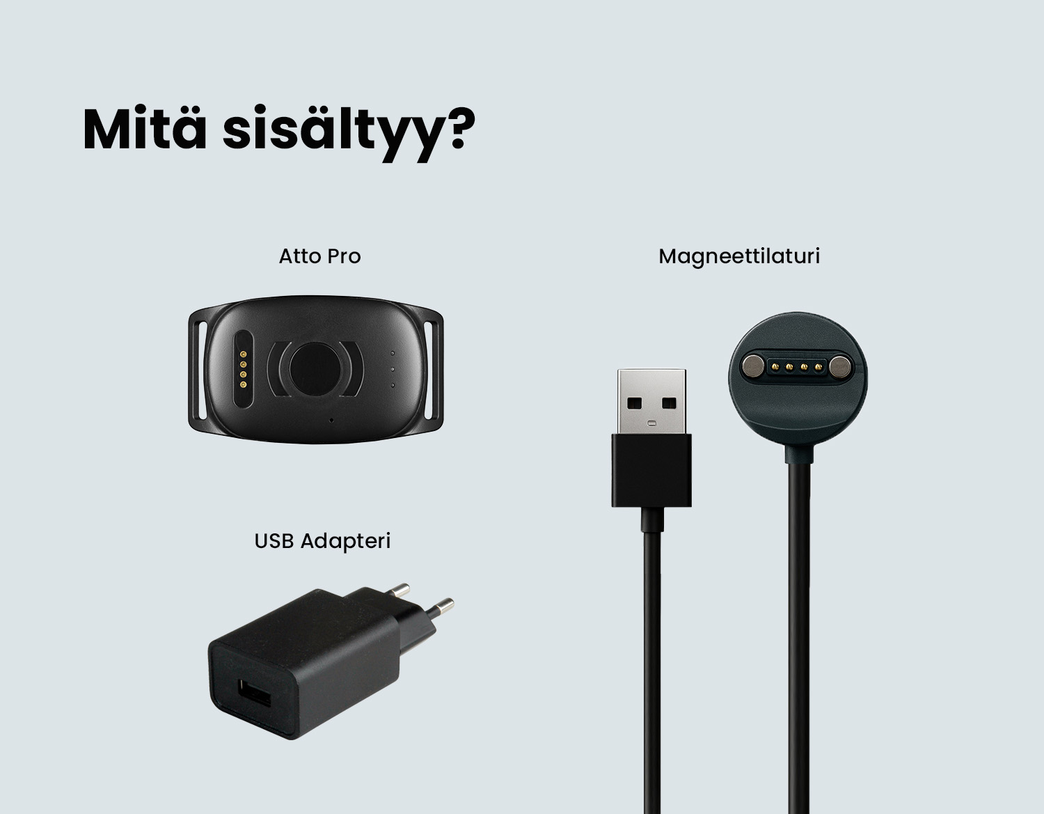 Atto Pro -laite, magneettinen laturi ja USB-adapteri pakkauksen sisältönä.