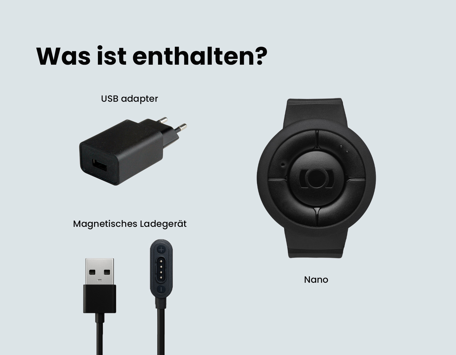 Bild des MiniFinder Nano, USB Adapter und magnetischem Ladegerät, die im Lieferumfang enthalten sind.