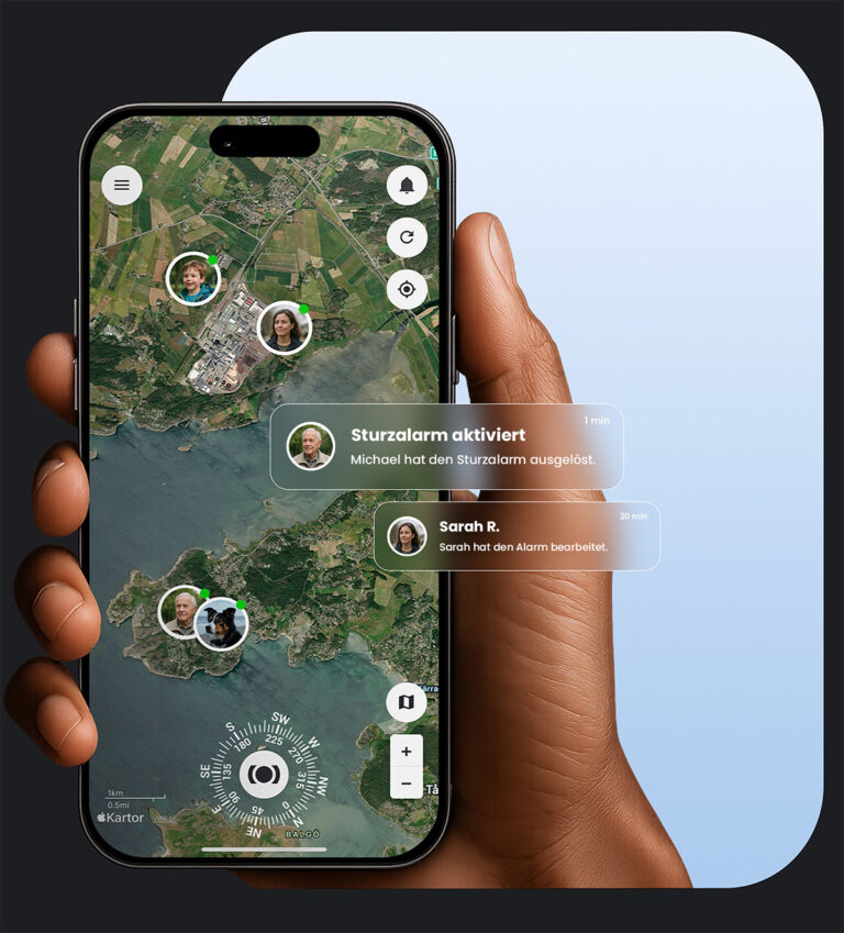 MiniFinder Live-App zeigt Benachrichtigung über aktivierten Sturzalarm und bearbeiteten Alarm.