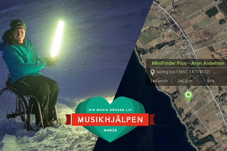 Aron Andersson med MiniFinder Pico under Musikhjälpen, så seerne kan følge ham i realtid.