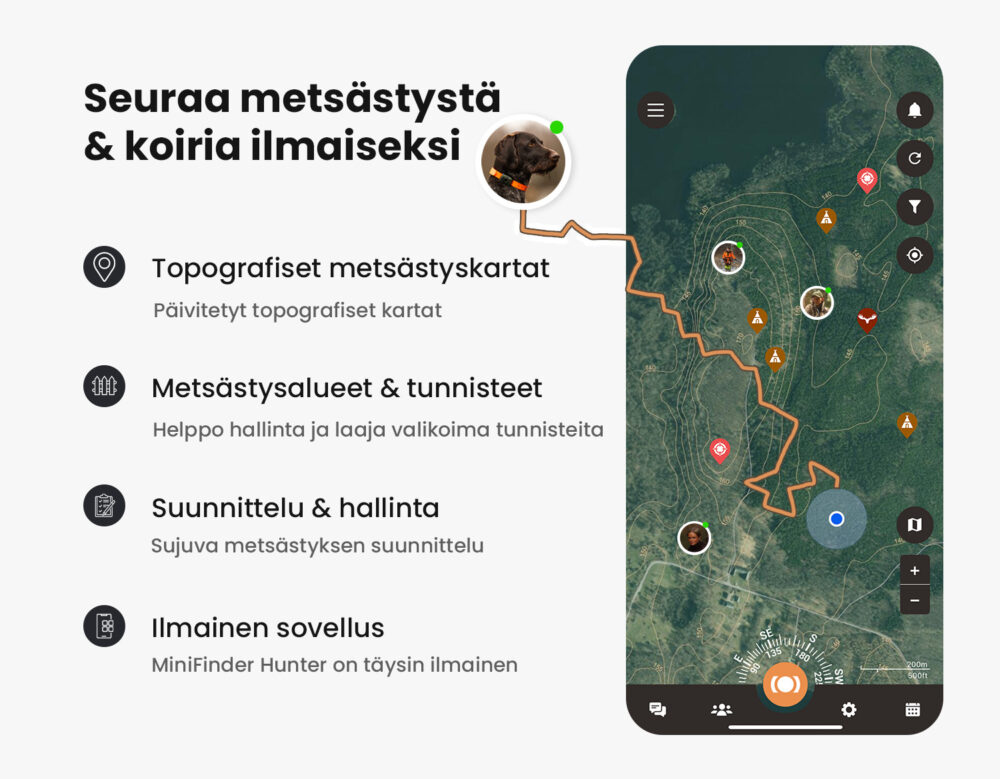 Kuva Hunter sovelluksesta karttoineen ja metsästystoimintoineen