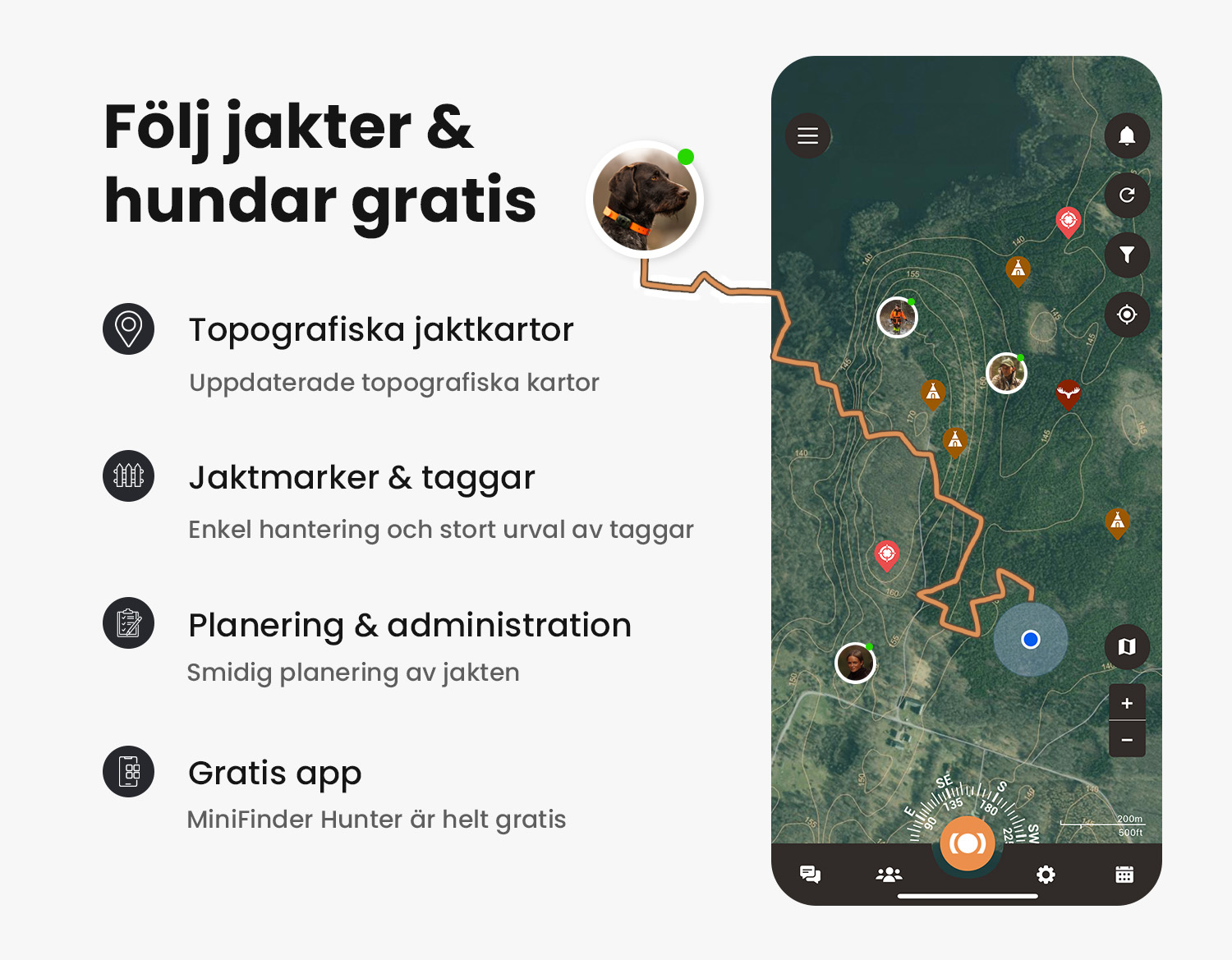 Bild som visar Hunter appen med kartor och jaktfunktione