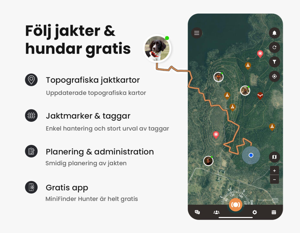 Bild som visar MiniFinder Hunter appen med kartor och funktioner