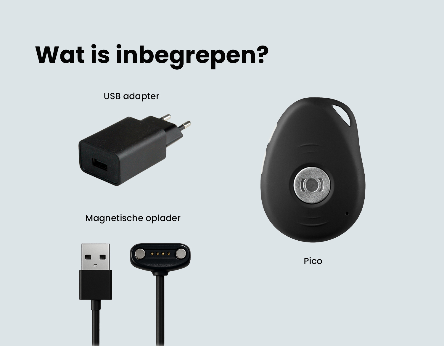 Afbeelding van MiniFinder Pico, USB adapter en magnetische oplader die in het pakket zitten.