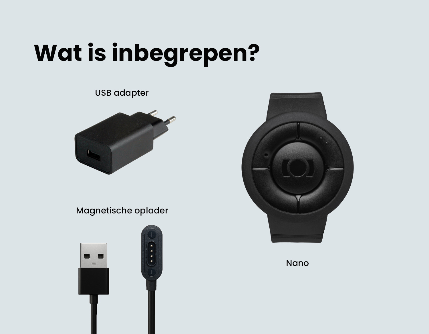 Afbeelding van de MiniFinder Nano, USB adapter en magnetische oplader die in het pakket zitten.