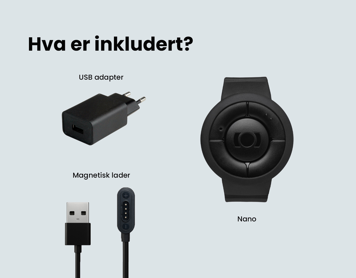 Bilde av MiniFinder Nano, USB adapter og magnetisk lader som er inkludert.
