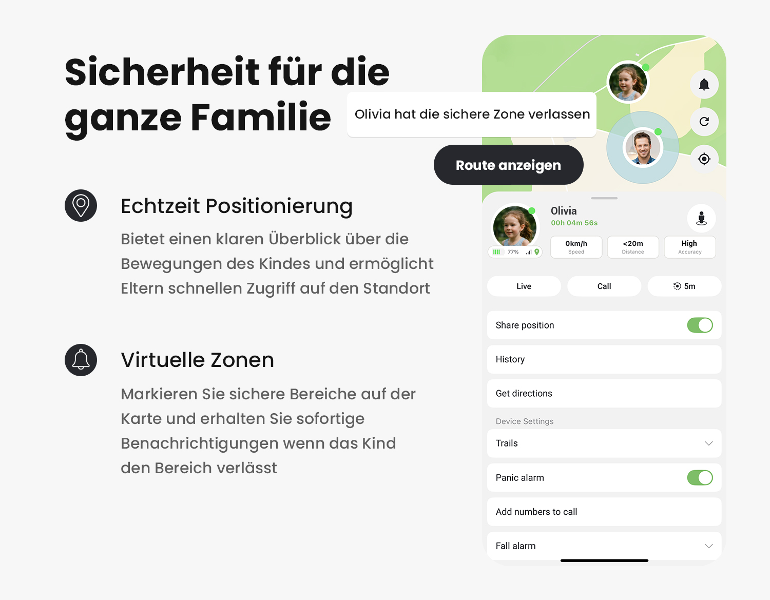 Bild der MiniFinder Live App mit Echtzeitortung, Alarmen und Sicherheitseinstellungen.