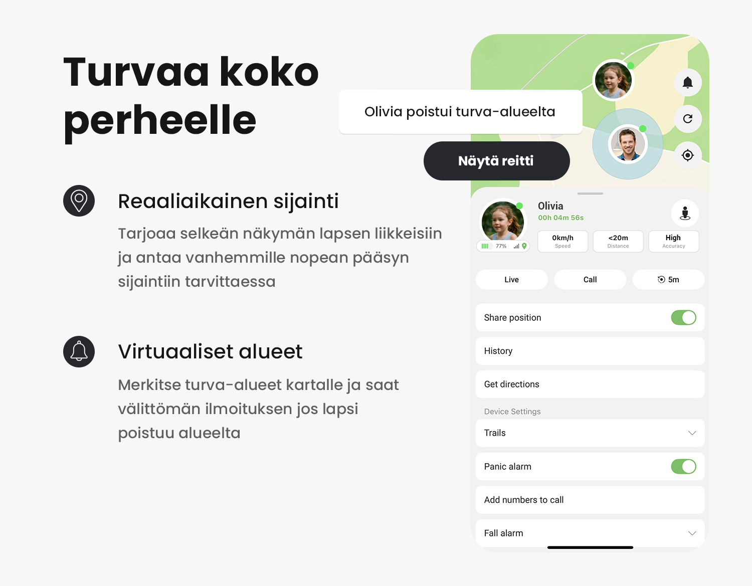 Kuva MiniFinder Live sovelluksesta, jossa näkyy reaaliaikainen sijainti, hälytykset ja turvallisuusasetukset.