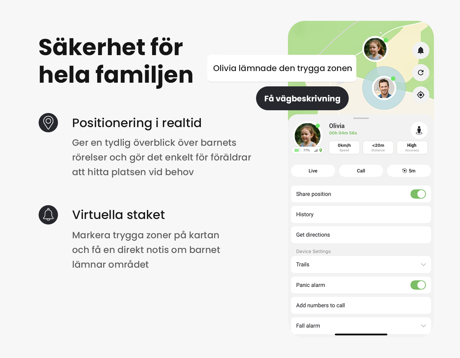 Bild av MiniFinder Live appen med funktioner som realtidspositionering, larm och säkerhetsinställningar.