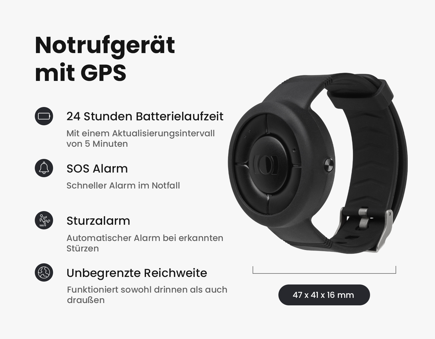 Bild des MiniFinder Nano mit technischen Spezifikationen wie Batterielaufzeit, SOS Funktion und GPS.