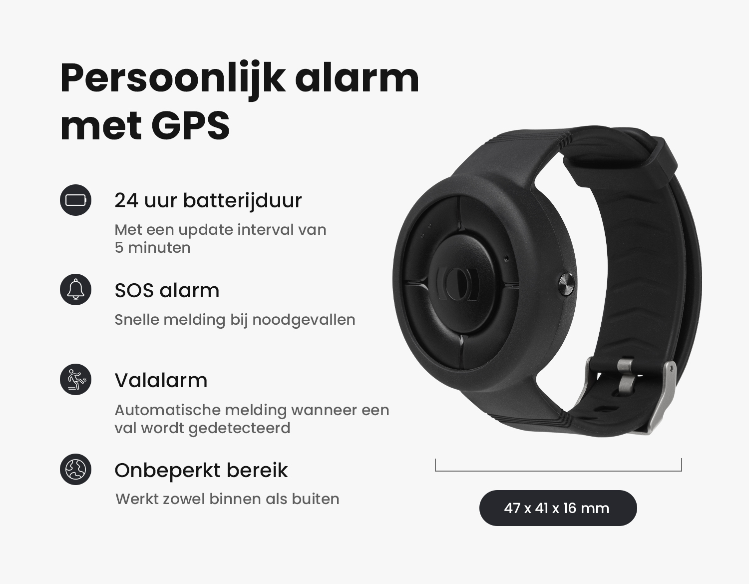 Afbeelding van de MiniFinder Nano met specificaties zoals batterijduur, SOS functie en GPS.