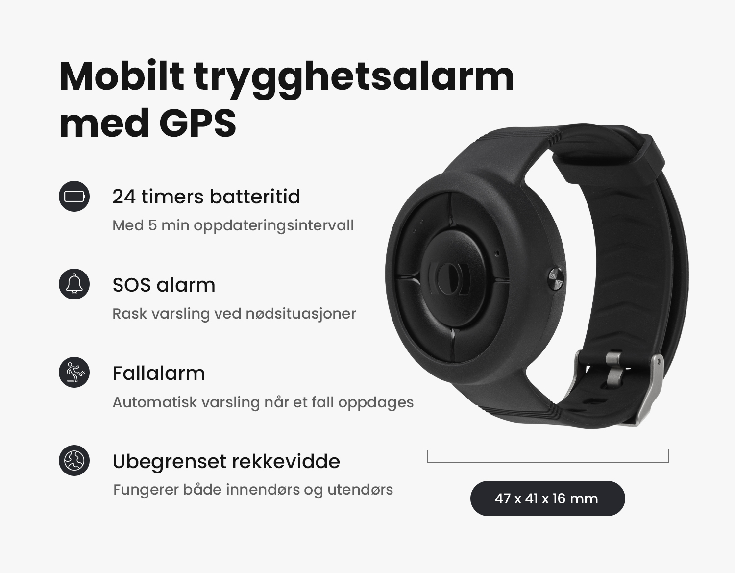 Bilde av MiniFinder Nano med spesifikasjoner som batteritid, SOS funksjon og GPS.