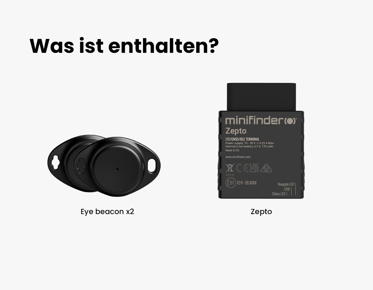 Bild zeigt MiniFinder Zepto zusammen mit zwei Eye Beacon Geräten