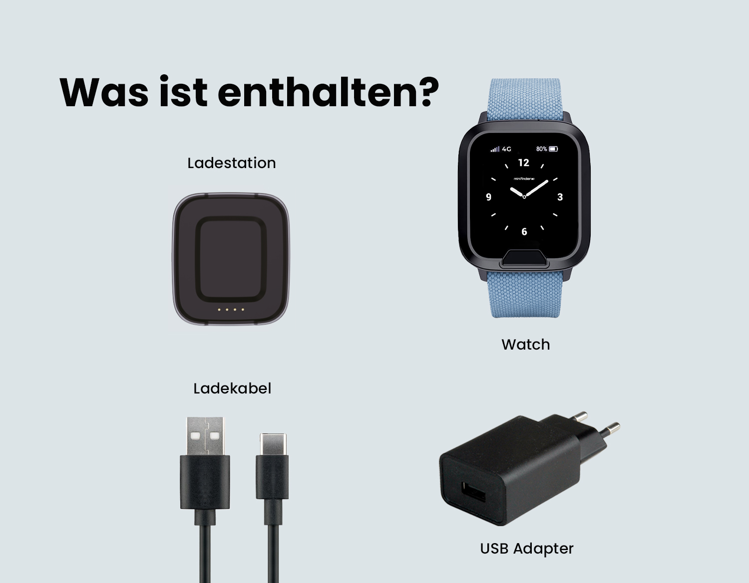 Bild der Uhr, Ladestation, USB Adapter und Ladekabel.