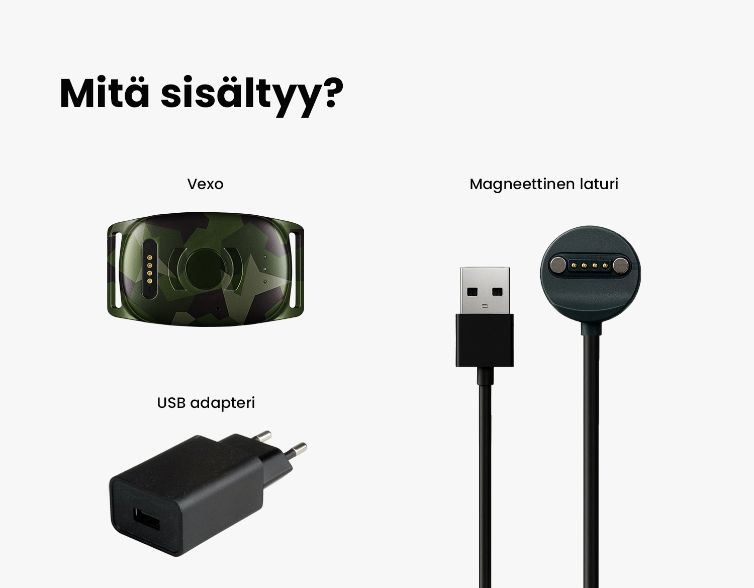 Kuva Vexo laitteesta USB adapterin ja magneettilaturin kanssa
