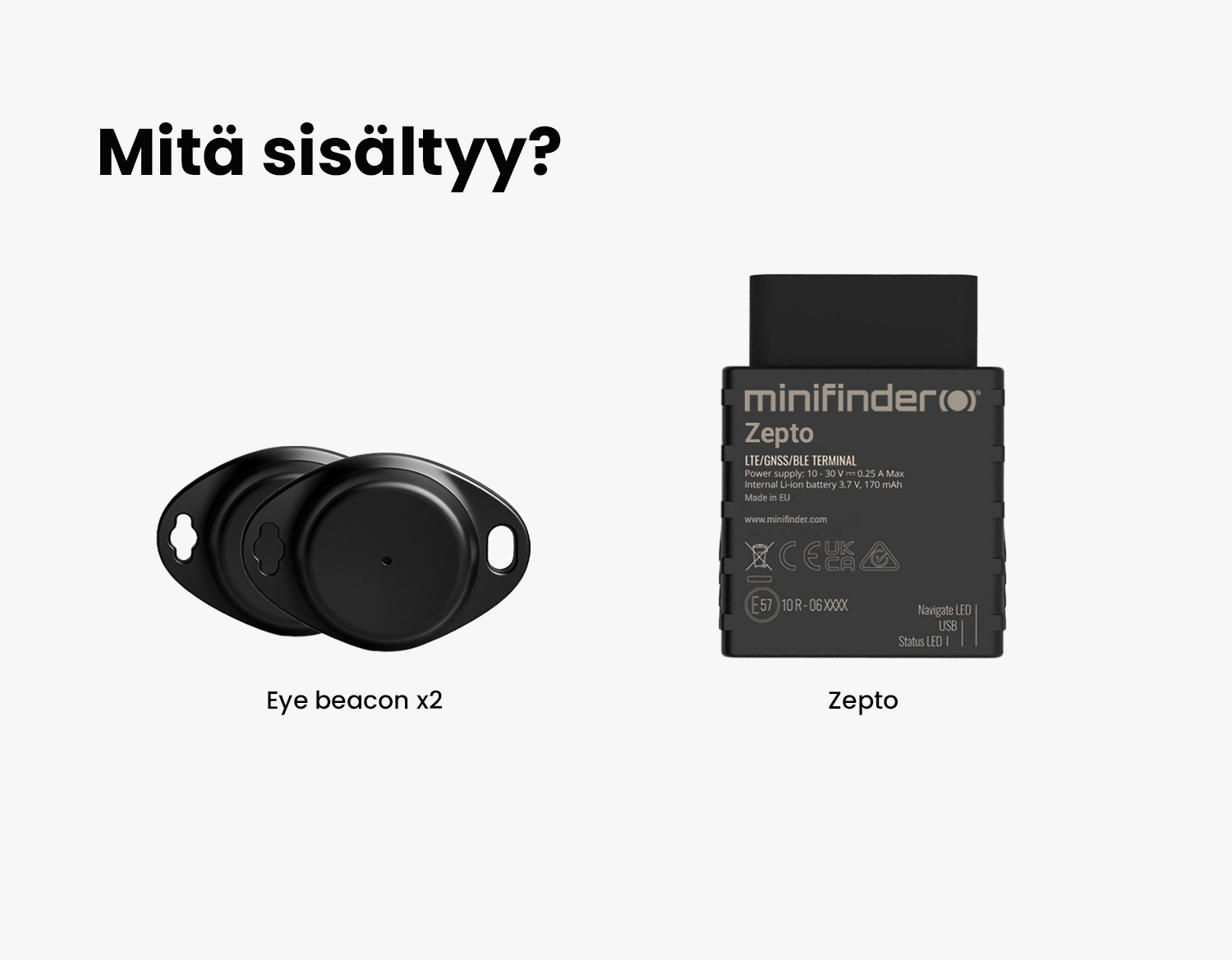 Kuva MiniFinder Zeptosta ja kahdesta Eye Beacon yksiköstä