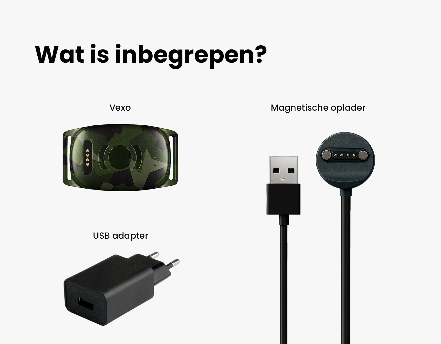 Afbeelding van Vexo met USB adapter en magnetische oplader