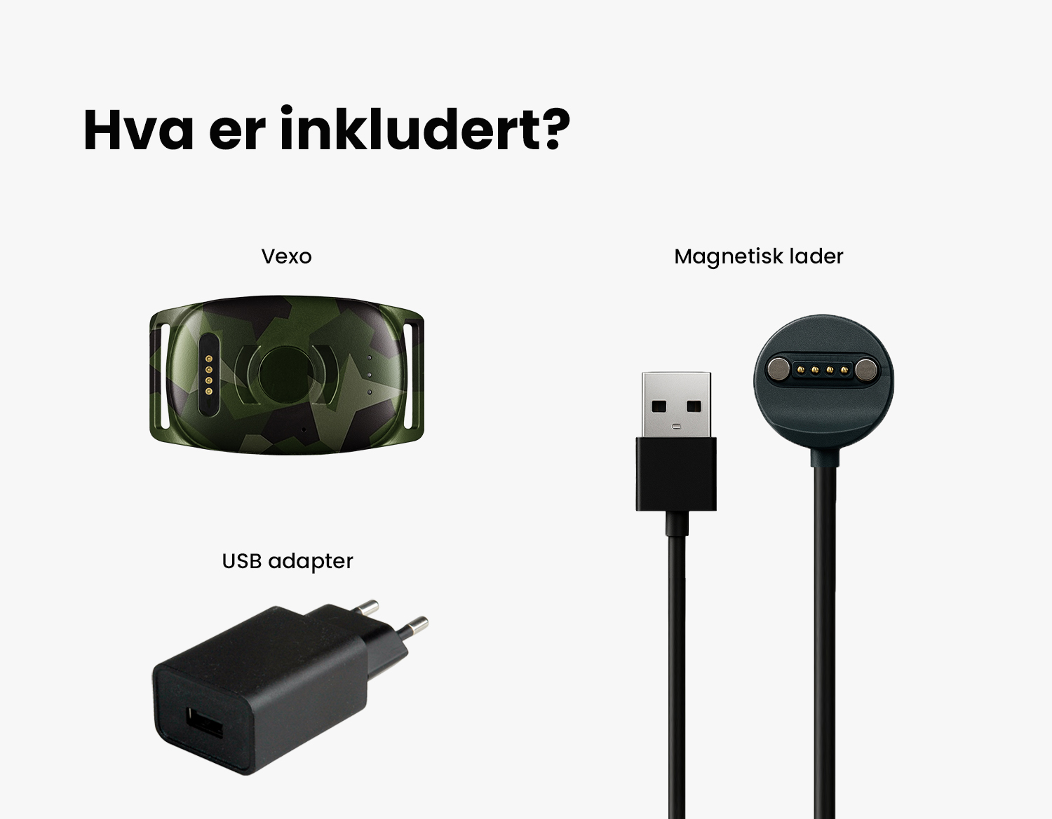 Bilde av Vexo med USB adapter og magnetisk lader