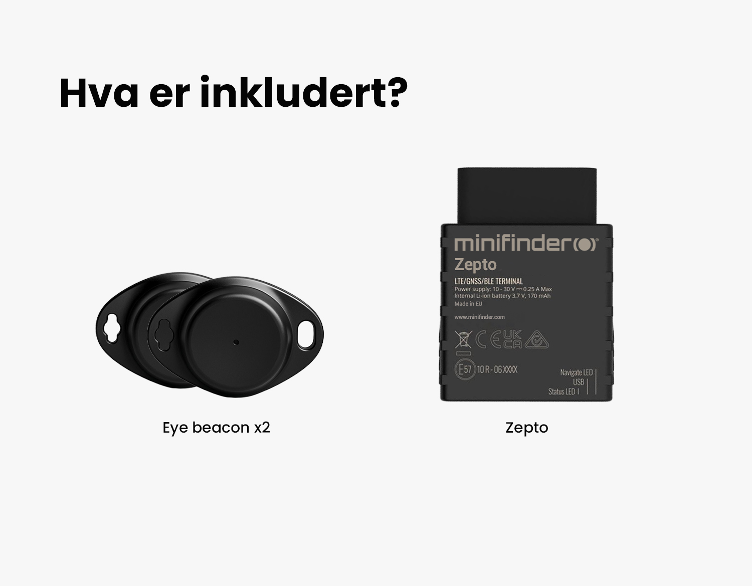 Bilde av MiniFinder Zepto sammen med to Eye Beacon enheter
