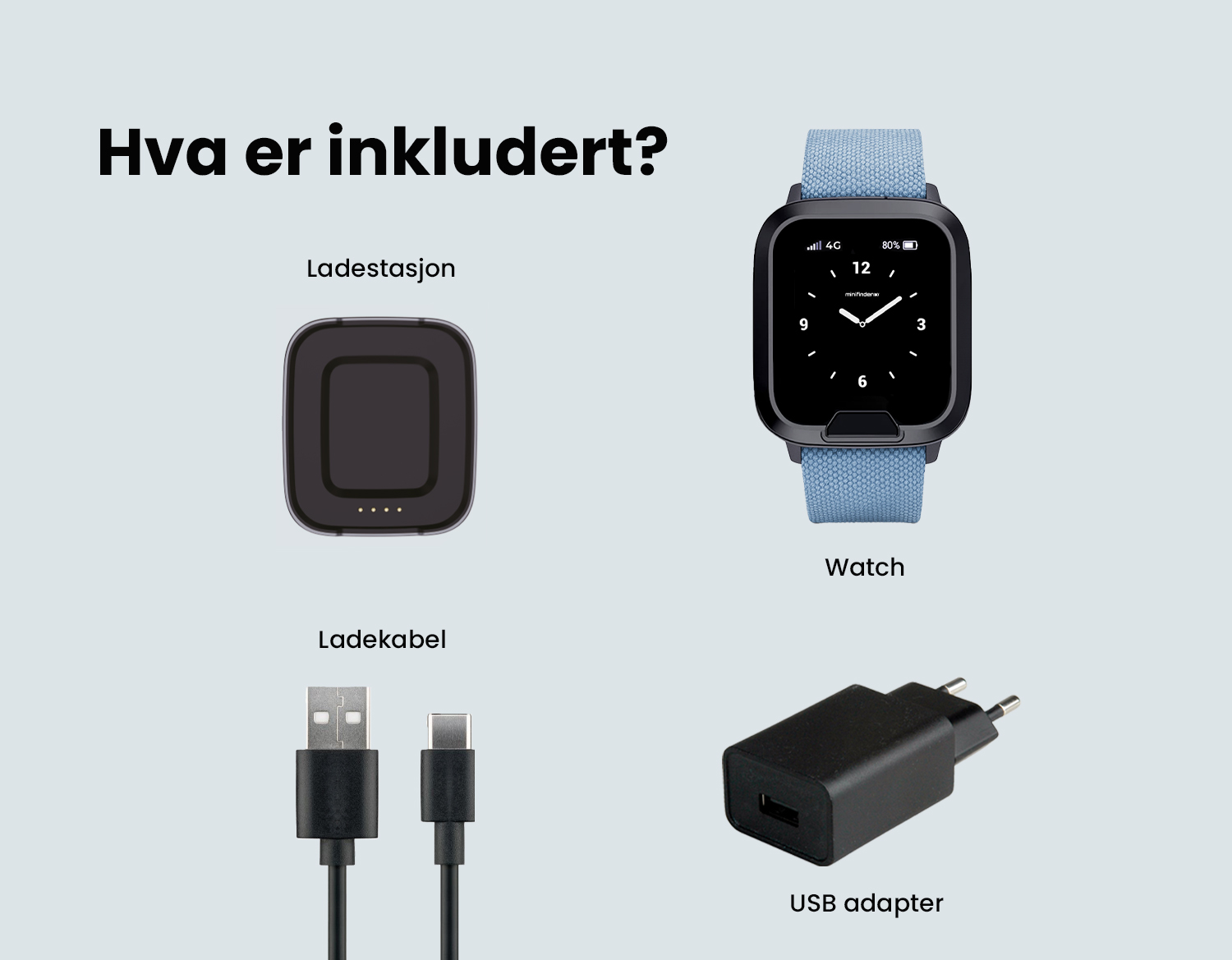 Bilde av klokken, ladestasjon, USB adapter og ladekabel.