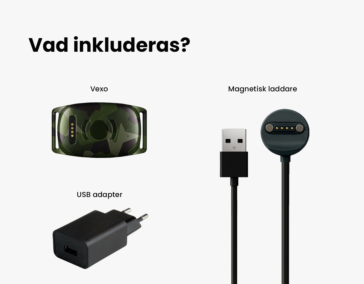 Bild på Vexo med USB adapter och magnetisk laddare