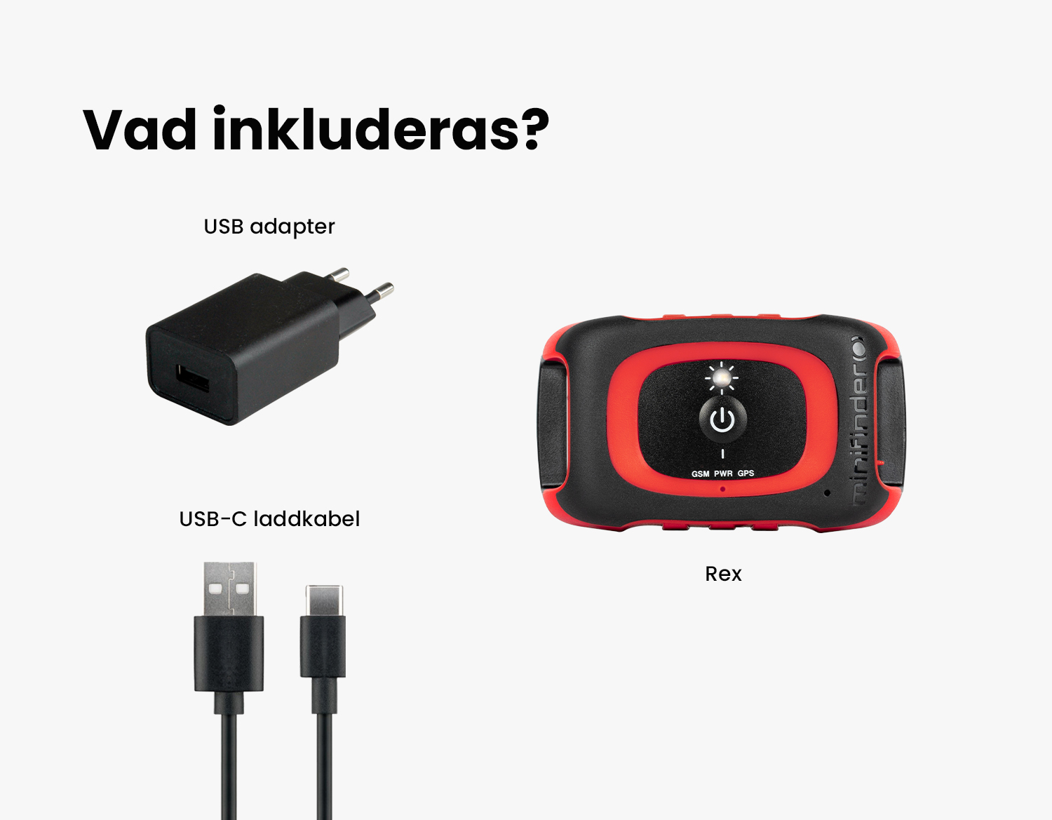 Bild på Rex enheten med USB C laddkabel och USB adapter