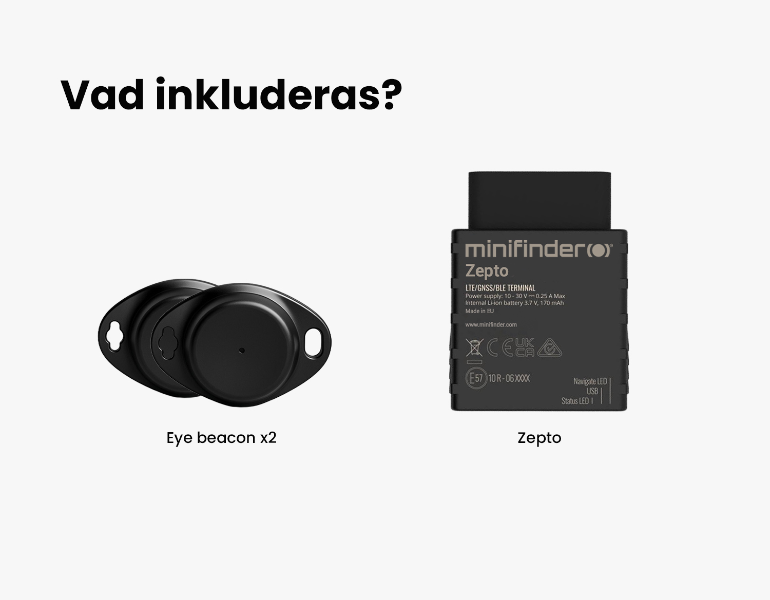 Bild på MiniFinder Zepto tillsammans med två Eye Beacon enheter