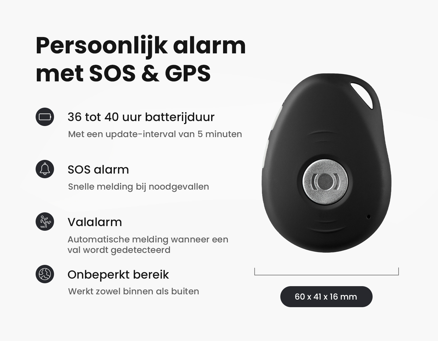 Afbeelding van de MiniFinder Pico met specificaties zoals batterijduur, SOS functie en GPS.
