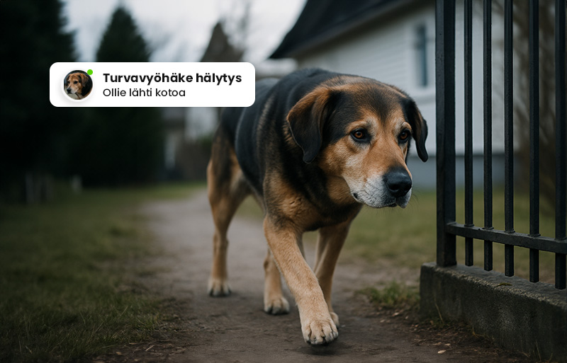 Koira turvavyöhykkeen hälytyksen kanssa lähtiessään kotoa