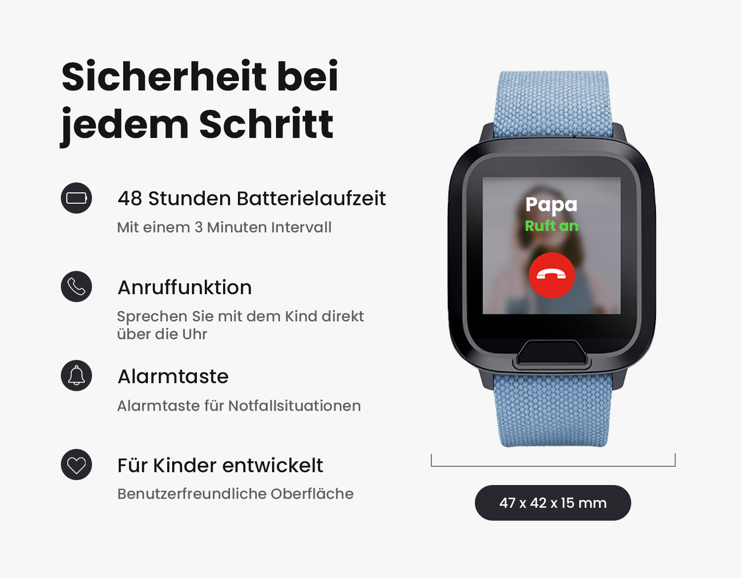 Bild der Kinderuhr mit SOS Funktion, Anrufen und Echtzeitpositionierung.
