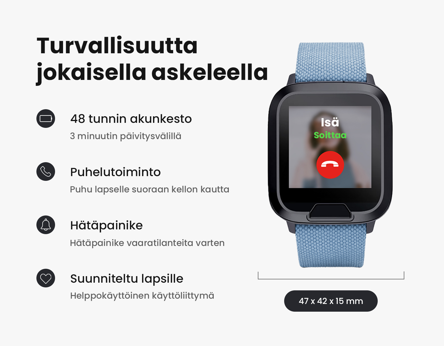 Kuva lastenkellosta, jossa näkyy SOS hälytys, puhelut ja reaaliaikainen sijainti.